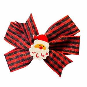 Red And Black Buffalo Plaid Hair Bow With Santa Claus Embellishment New